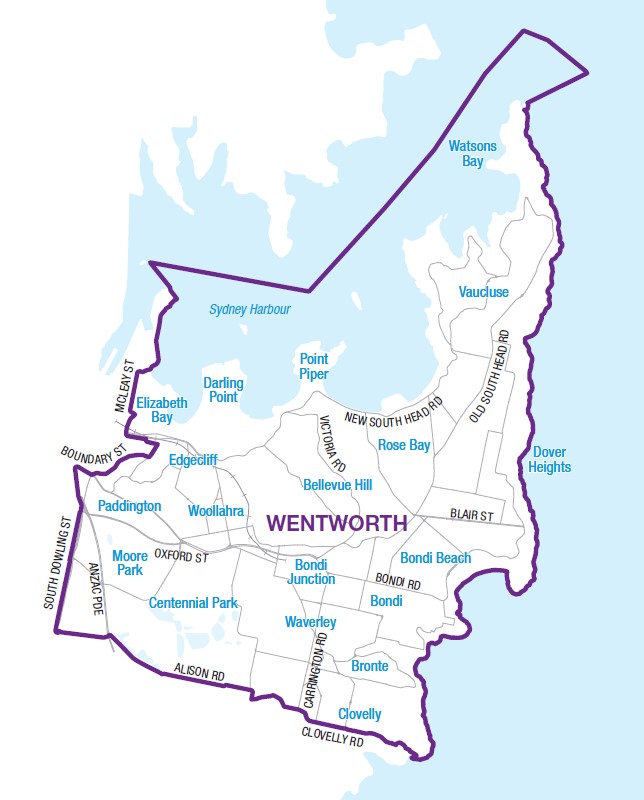 Street map of the Division of Wentworth showing Watsons Bay, Vaucluse, Rose Bay, Bondi, Bronte, Clovelly, Paddington and surrounding suburbs